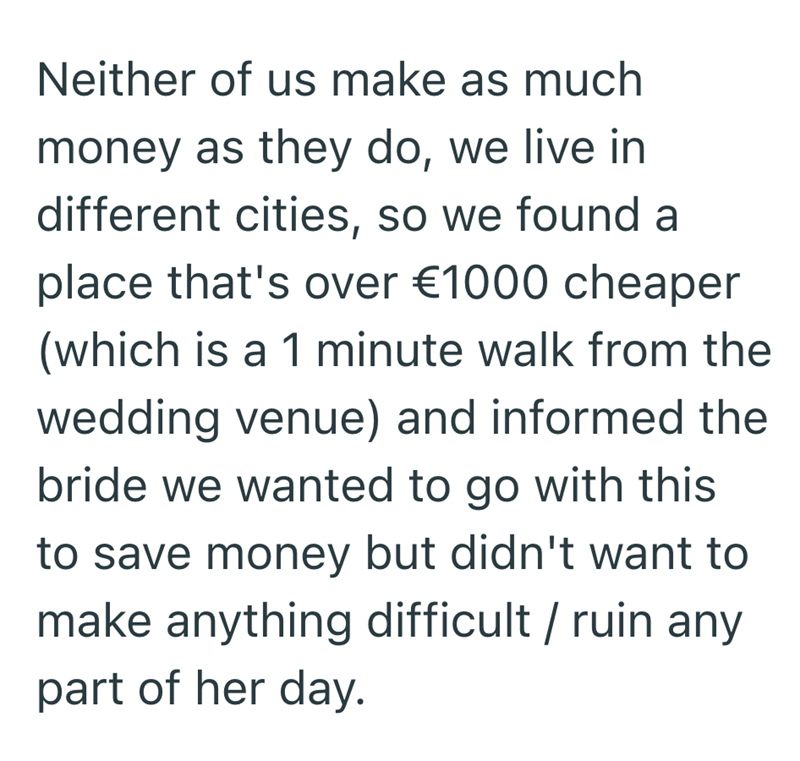 Neither of us make as much money as they do, we live in different cities, so we found a place that's over €1000 cheaper (which is a 1 minute walk from the wedding venue) and informed the bride we wanted to go with this to save money but didn't want to make anything difficult / ruin any part of her day.