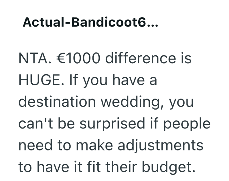 Actual-Bandicoot6... NTA. €1000 difference is HUGE. If you have a destination wedding, you can't be surprised if people need to make adjustments to have it fit their budget.