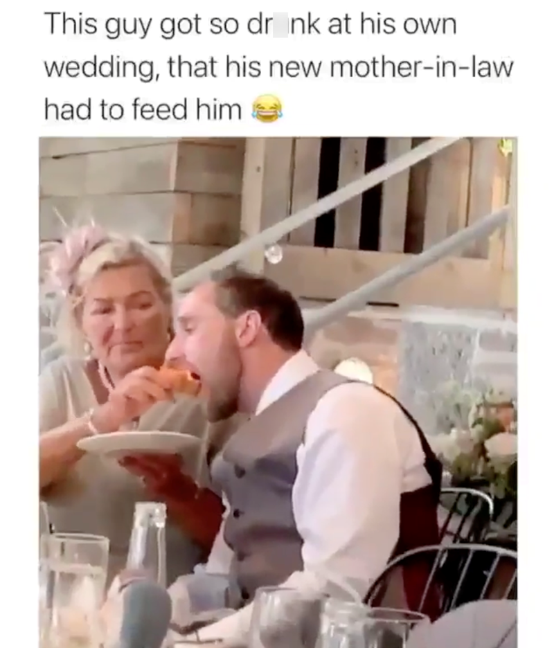This guy got so drunk at his own wedding, that his new mother-in-law had to feed him