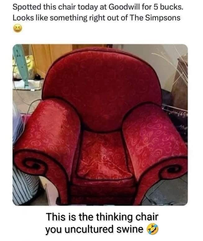 Spotted this chair today at Goodwill for 5 bucks. Looks like something right out of The Simpsons This is the thinking chair you uncultured swine