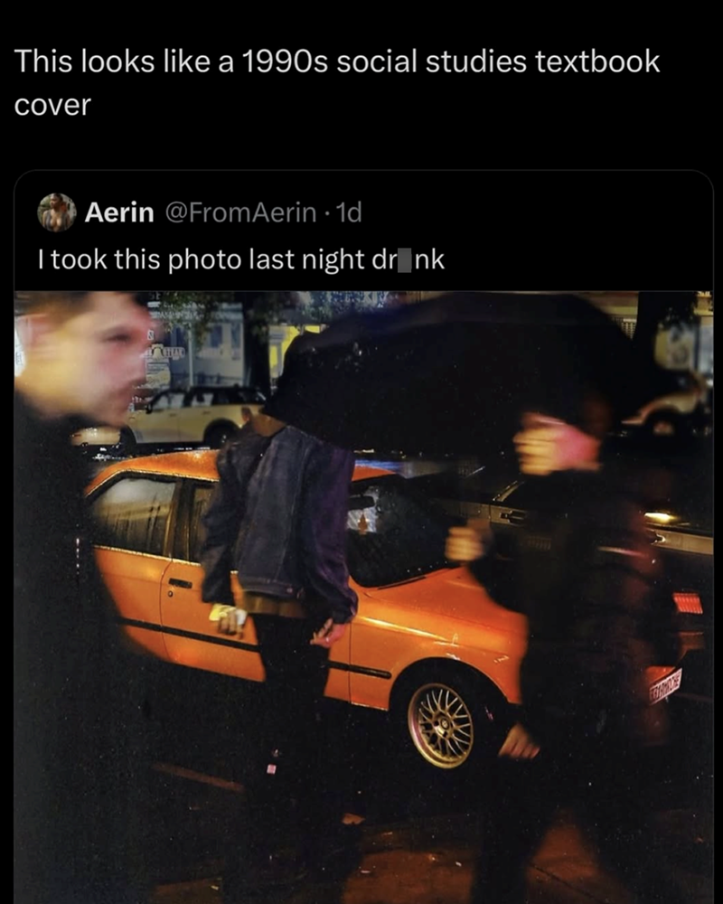 This looks like a 1990s social studies textbook cover Aerin @FromAerin · 1d I took this photo last night drink