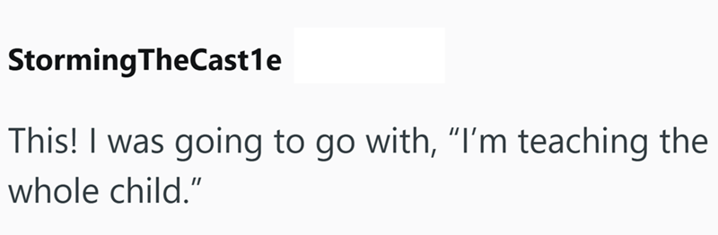 Storming TheCastle This! I was going to go with, "I'm teaching the whole child."