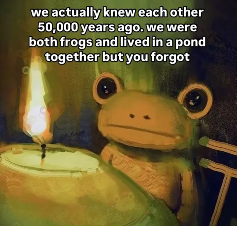 we actually knew each other 50,000 years ago. we were both frogs and lived in a pond together but you forgot Aythaye