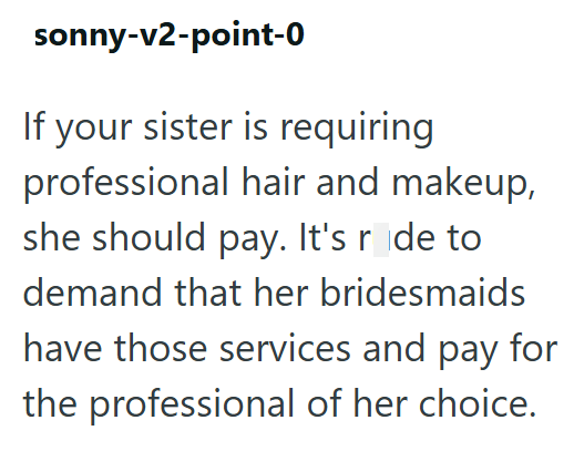 sonny-v2-point-0 If your sister is requiring professional hair and makeup, she should pay. It's ride to demand that her bridesmaids have those services and pay for the professional of her choice.