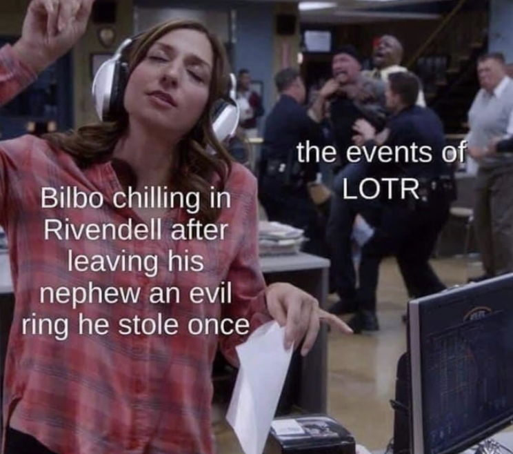 Bilbo chilling in Rivendell after leaving his nephew an evil ring he stole once the events of LOTR