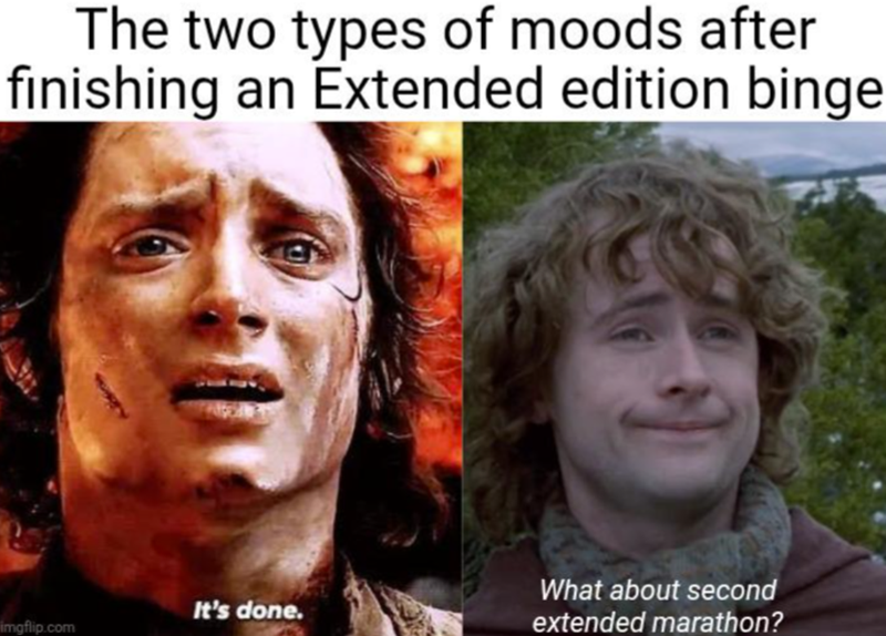 The two types of moods after finishing an Extended edition binge It's done. imgflip.com What about second extended marathon?
