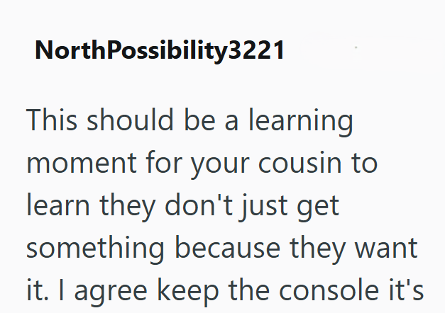 NorthPossibility3221 This should be a learning moment for your cousin to learn they don't just get something because they want it. I agree keep the console it's