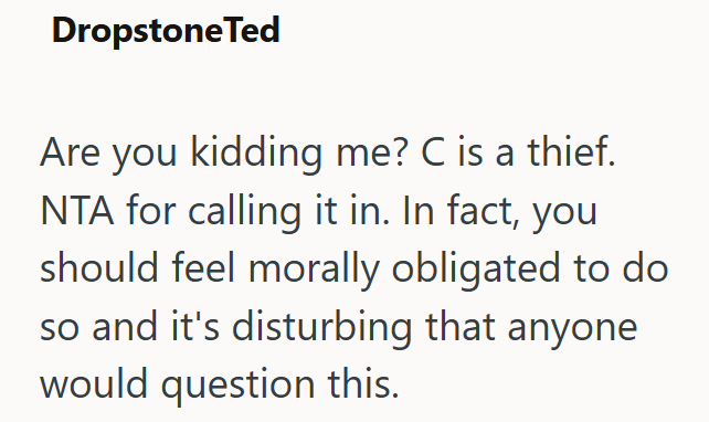 DropstoneTed Are you kidding me? C is a thief. NTA for calling it in. In fact, you should feel morally obligated to do so and it's disturbing that anyone would question this.