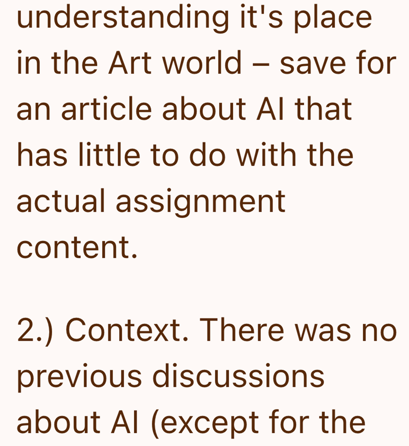 understanding it's place in the Art world - save for an article about Al that has little to do with the actual assignment content. 2.) Context. There was no previous discussions about Al (except for the