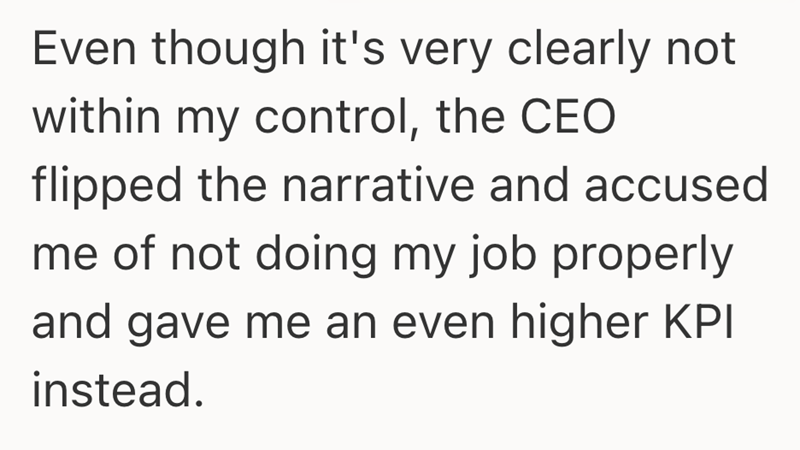 Even though it's very clearly not within my control, the CEO flipped the narrative and accused me of not doing my job properly and gave me an even higher KPI instead.