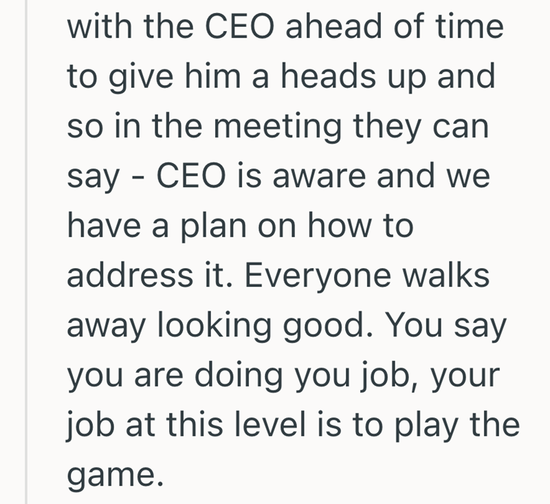 with the CEO ahead of time to give him a heads up and so in the meeting they can say - CEO is aware and we have a plan on how to address it. Everyone walks away looking good. You say you are doing you job, your job at this level is to play the game.