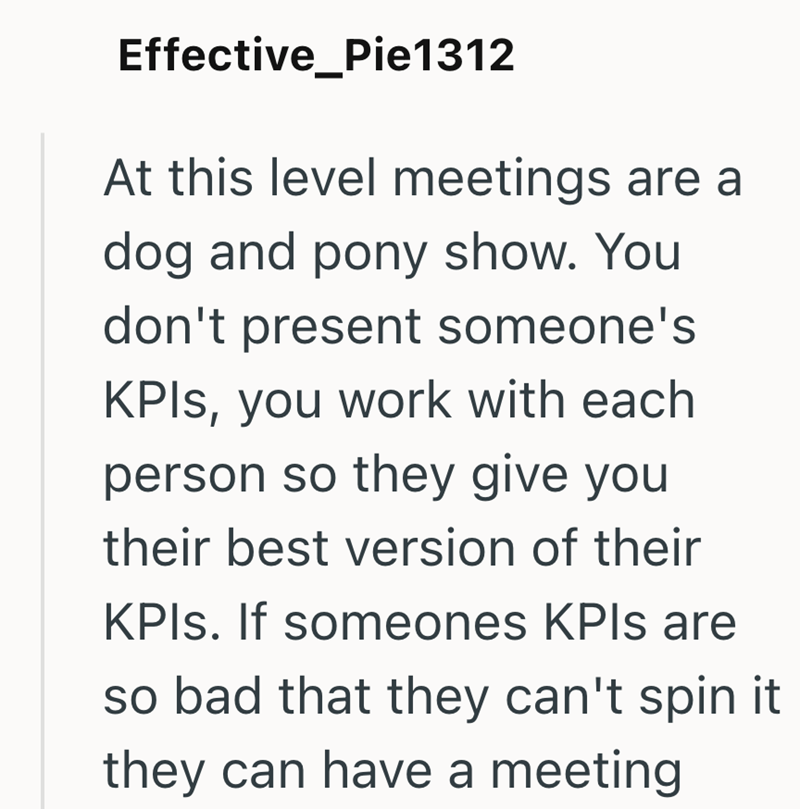 Effective_Pie1312 At this level meetings are a dog and pony show. You don't present someone's KPIs, you work with each person so they give you their best version of their KPIs. If someones KPIs are so bad that they can't spin it they can have a meeting