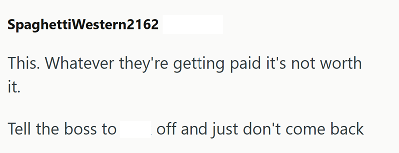 Spaghetti Western2162 This. Whatever they're getting paid it's not worth it. Tell the boss to off and just don't come back
