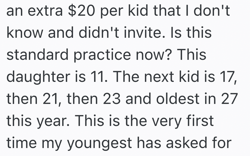 an extra $20 per kid that I don't know and didn't invite. Is this standard practice now? This daughter is 11. The next kid is 17, then 21, then 23 and oldest in 27 this year. This is the very first time my youngest has asked for