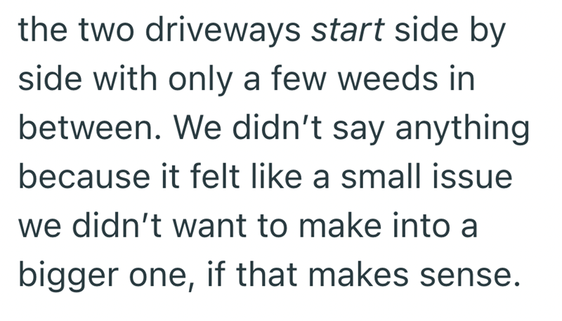 the two driveways start side by side with only a few weeds in between. We didn't say anything because it felt like a small issue we didn't want to make into a bigger one, if that makes sense.