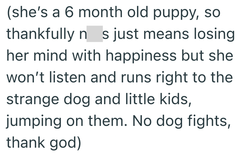 (she's a 6 month old puppy, so thankfully nos just means losing her mind with happiness but she won't listen and runs right to the strange dog and little kids, jumping on them. No dog fights, thank god)