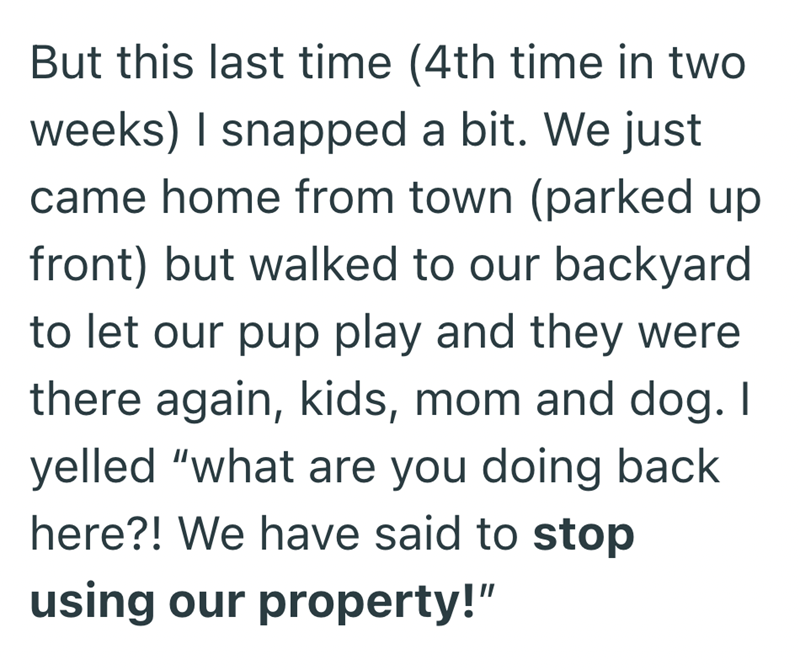 But this last time (4th time in two weeks) I snapped a bit. We just came home from town (parked up front) but walked to our backyard to let our pup play and they were there again, kids, mom and dog. I yelled "what are you doing back here?! We have said to stop using our property!"