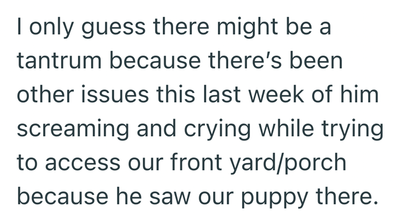 I only guess there might be a tantrum because there's been other issues this last week of him screaming and crying while trying to access our front yard/porch because he saw our puppy there.