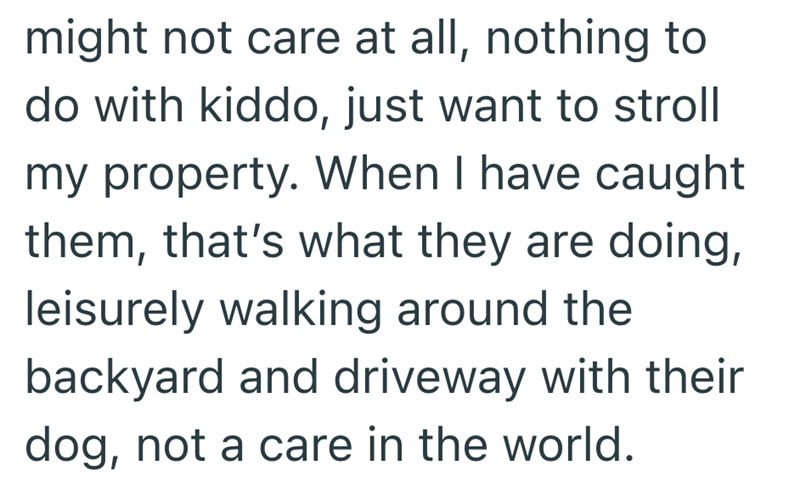 might not care at all, nothing to do with kiddo, just want to stroll my property. When I have caught them, that's what they are doing, leisurely walking around the backyard and driveway with their dog, not a care in the world.