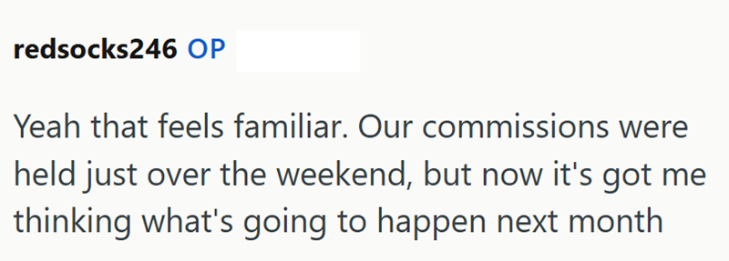 redsocks246 OP Yeah that feels familiar. Our commissions were held just over the weekend, but now it's got me thinking what's going to happen next month