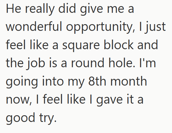 He really did give me a wonderful opportunity, I just feel like a square block and the job is a round hole. I'm going into my 8th month now, I feel like I gave it a good try.