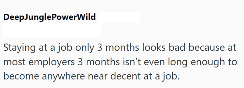 DeepJunglePowerWild Staying at a job only 3 months looks bad because at most employers 3 months isn't even long enough to become anywhere near decent at a job.