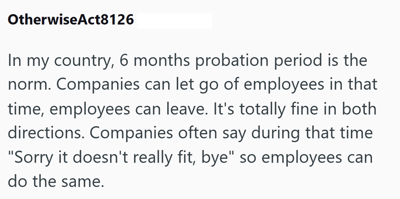 OtherwiseAct8126 In my country, 6 months probation period is the norm. Companies can let go of employees in that time, employees can leave. It's totally fine in both directions. Companies often say during that time "Sorry it doesn't really fit, bye" so employees can do the same.