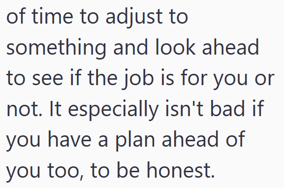 of time to adjust to something and look ahead to see if the job is for you or not. It especially isn't bad if you have a plan ahead of you too, to be honest.