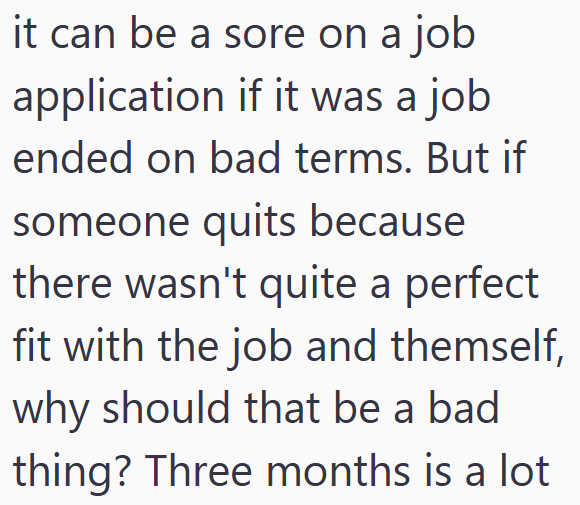 it can be a sore on a job application if it was a job ended on bad terms. But if someone quits because there wasn't quite a perfect fit with the job and themself, why should that be a bad thing? Three months is a lot