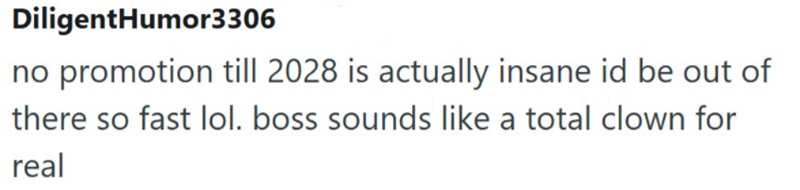 DiligentHumor3306 no promotion till 2028 is actually insane id be out of there so fast lol. boss sounds like a total clown for real