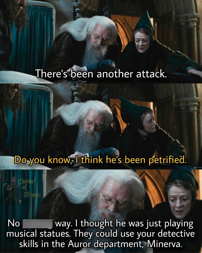 There's been another attack. Do you know, I think he's been petrified. Chamber of S posts No way. I thought he was just playing musical statues. They could use your detective skills in the Auror department, Minerva.
