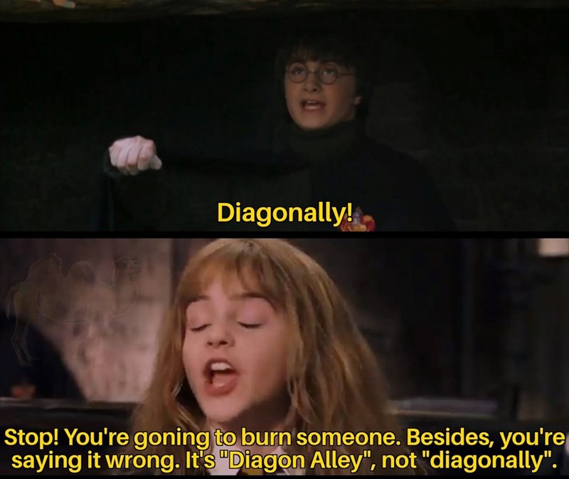 Diagonally! Stop! You're goning to burn someone. Besides, you're saying it wrong. It's "Diagon Alley", not "diagonally".