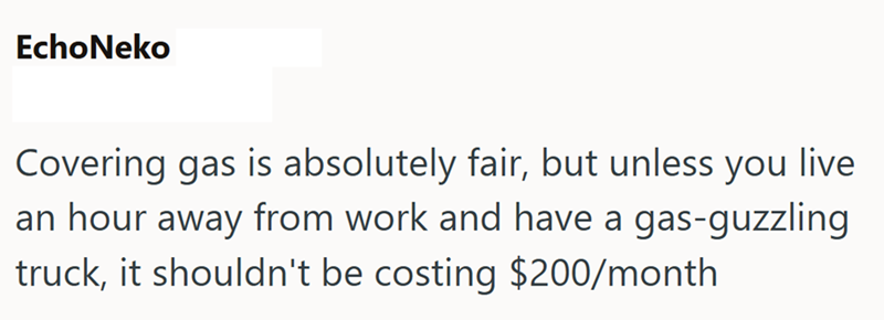 EchoNeko Covering gas is absolutely fair, but unless you live an hour away from work and have a gas-guzzling truck, it shouldn't be costing $200/month