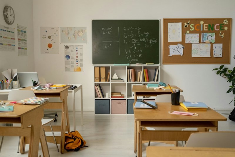 An empty school classroom before students arrived.