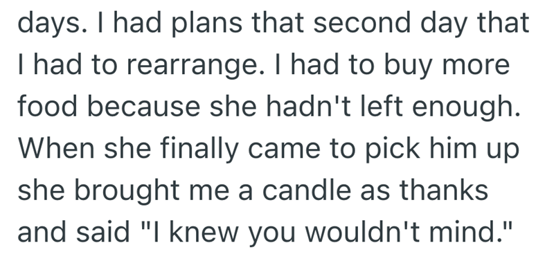 days. I had plans that second day that I had to rearrange. I had to buy more food because she hadn't left enough. When she finally came to pick him up she brought me a candle as thanks and said "I knew you wouldn't mind."
