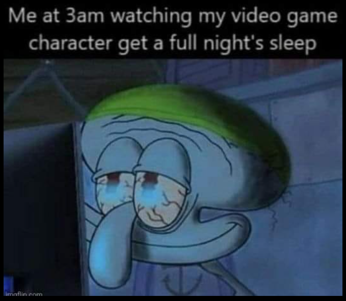 Me at 3am watching my video game character get a full night's sleep imaflin.com