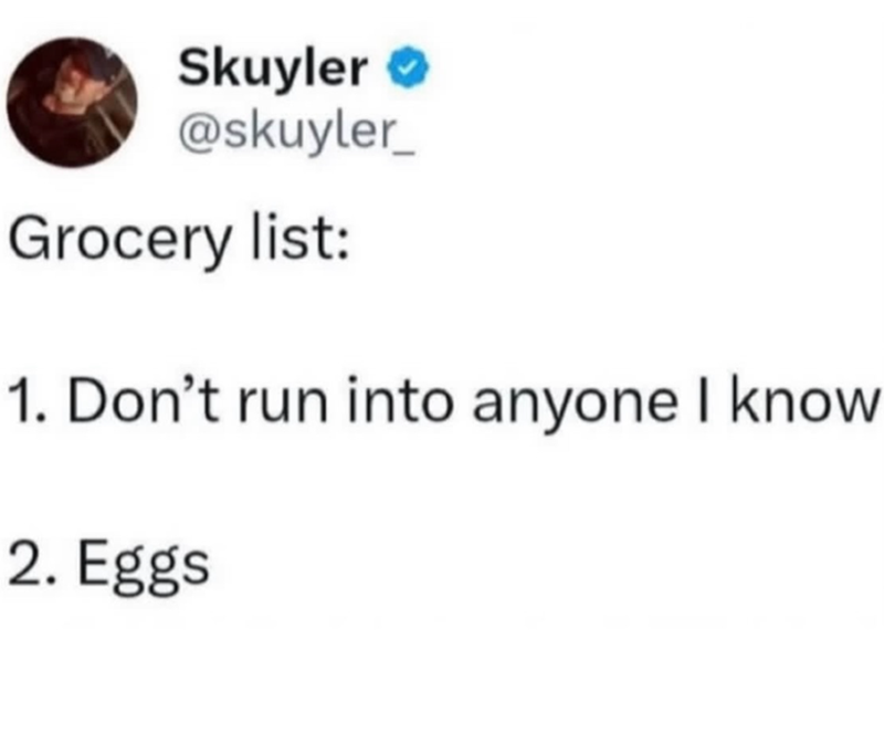 Skuyler @skuyler_ Grocery list: 1. Don't run into anyone I know 2. Eggs