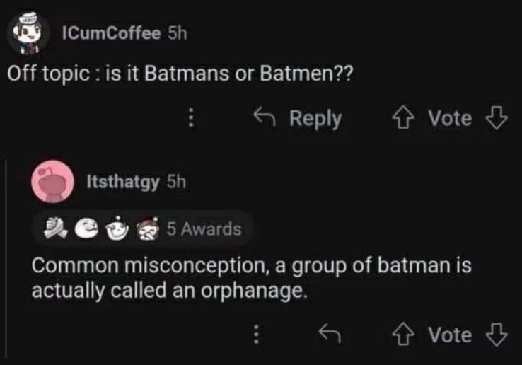 ICumCoffee 5h Off topic: is it Batmans or Batmen?? Reply Vote ⇓ Itsthatgy 5h pe 5 Awards Common misconception, a group of batman is actually called an orphanage. ✰ Vote