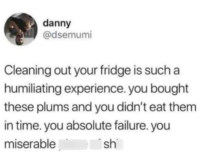 danny @dsemumi Cleaning out your fridge is such a humiliating experience. you bought these plums and you didn't eat them in time. you absolute failure. you miserable sh