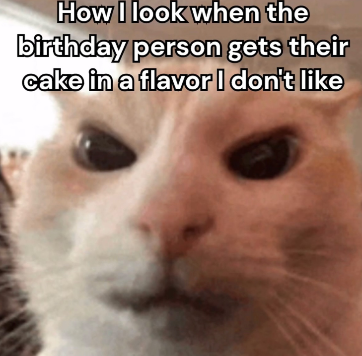 How I look when the birthday person gets their cake in a flavor I don't like