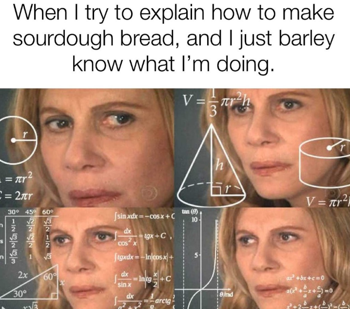 When I try to explain how to make sourdough bread, and I just barley know what I'm doing. V = r²h h r = πι2 C=2лr n 30° 45° 60° √2 √3 2-2 22222 112 18283 2x 30° √3 60° |sinxdx=−C0$x+ C dx tgx+C, Sigxdx=-In/cosx+ dx sin x tan (8) 10- S V= r² 2 Intg ax²+bx+c=0 =0 dx 8/rad arcig