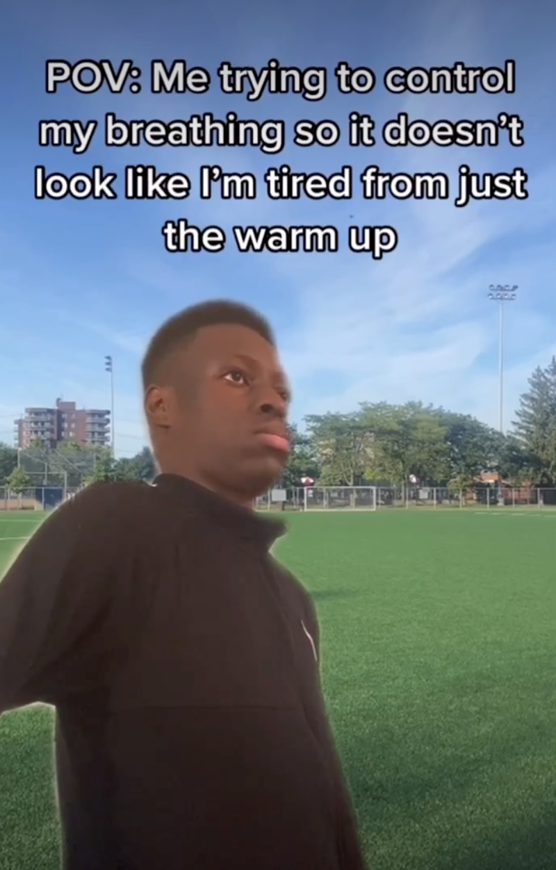 POV: Me trying to control my breathing so it doesn't look like I'm tired from just the warm up