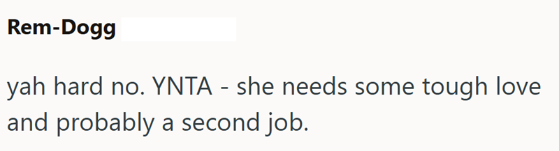 Rem-Dogg yah hard no. YNTA - she needs some tough love and probably a second job.