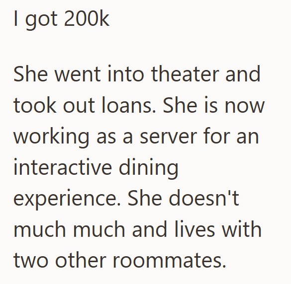 I got 200k She went into theater and took out loans. She is now working as a server for an interactive dining experience. She doesn't much much and lives with two other roommates.