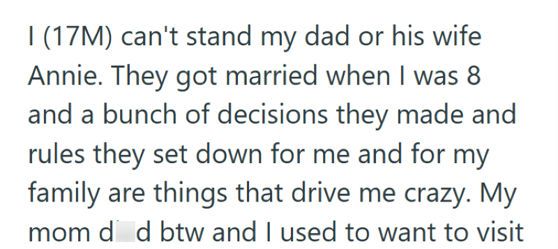 I (17M) can't stand my dad or his wife Annie. They got married when I was 8 and a bunch of decisions they made and rules they set down for me and for my family are things that drive me crazy. My mom died btw and I used to want to visit