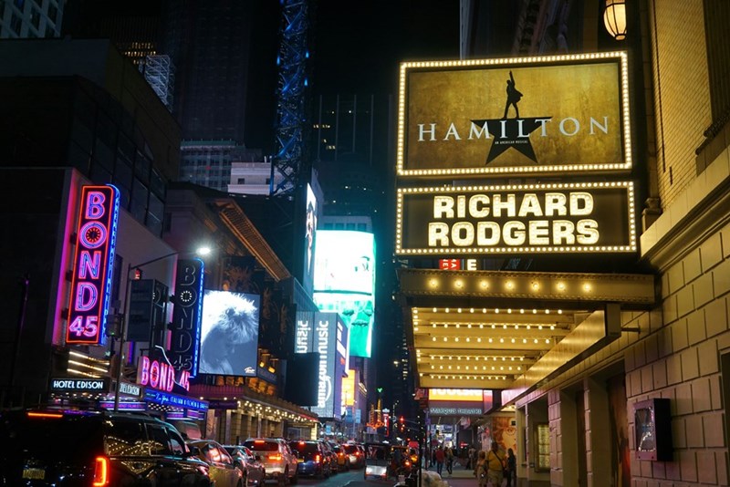Hamilton marquee at the Richard Rogers theatre on Broadway