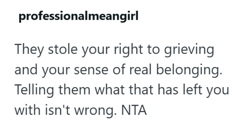 professionalmeangirl They stole your right to grieving and your sense of real belonging. Telling them what that has left you with isn't wrong. NTA