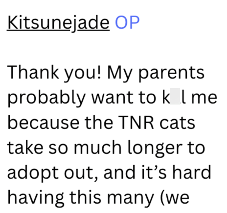 Kitsunejade OP Thank you! My parents probably want to k l me because the TNR cats take so much longer to adopt out, and it's hard having this many (we