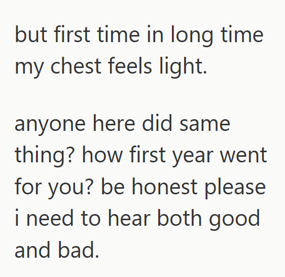 but first time in long time my chest feels light. anyone here did same thing? how first year went for you? be honest please i need to hear both good and bad.