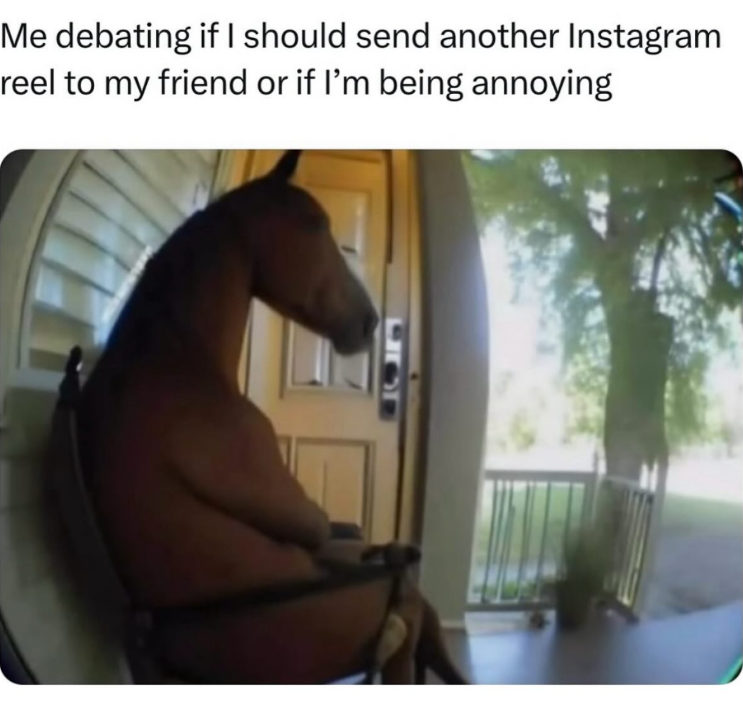 Me debating if I should send another Instagram reel to my friend or if I'm being annoying